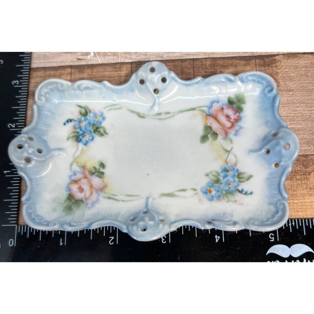Vintage Hand Painted Porcelain Trinket Tray With Pink Roses & Blue Forget Me Not